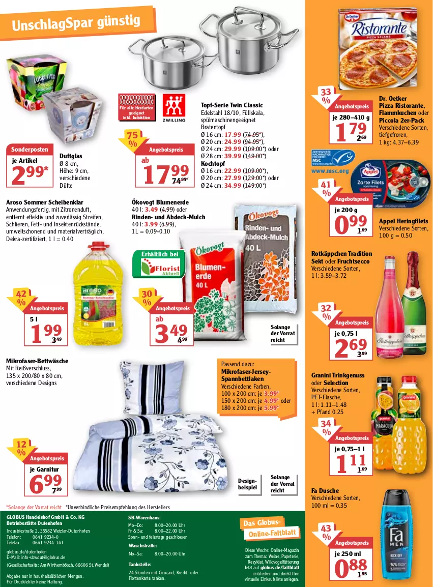 Aktueller Prospekt Globus - Prospekte - von 04.04 bis 09.04.2022 - strona 30 - produkty: angebot, angebotspreis, bett, bettwäsche, blume, blumen, blumenerde, braten, Bratentopf, cola, decke, Dr. Oetker, dusche, ecco, edelstahl, eier, eis, elle, erde, filet, filets, flammkuchen, flasche, frucht, fruchtsecco, garnitur, granini, herdarten, hering, Kochtopf, kuchen, lamm, Lefax, magazin, mikrofaser, nuss, Ofen, pet-flasche, pizza, reifen, reis, Ria, rind, ring, ristorante, rotkäppchen, sekt, sonderposten, spannbettlaken, spülmaschinen, telefon, teller, Ti, topf, uhr, wein, weine, Wild, zitrone, zitronen