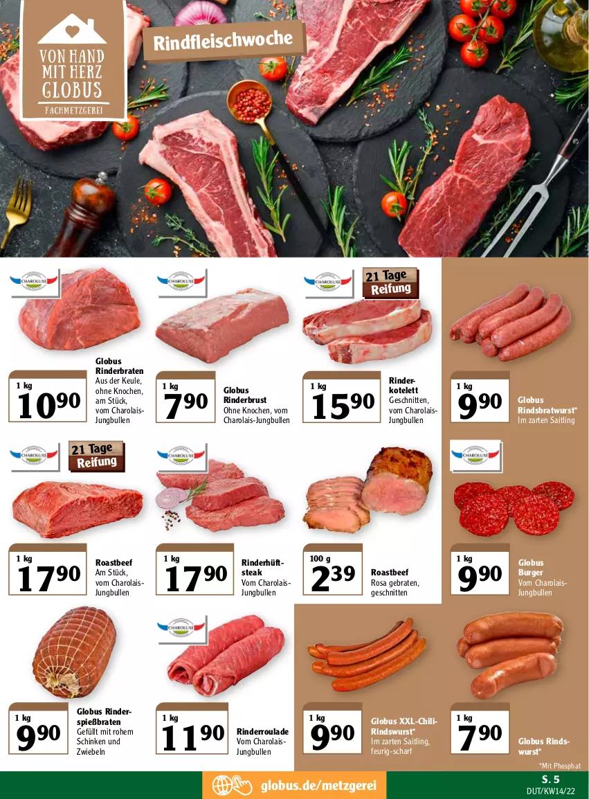 Aktueller Prospekt Globus - Prospekte - von 04.04 bis 09.04.2022 - strona 7 - produkty: beef, braten, bratwurst, burger, chili, eis, fleisch, hüftsteak, im zarten saitling, jungbullen, kotelett, rind, rinder, rinderbraten, Rinderroulade, rindfleisch, roastbeef, schinken, schnitten, steak, wurst, zwiebel, zwiebeln