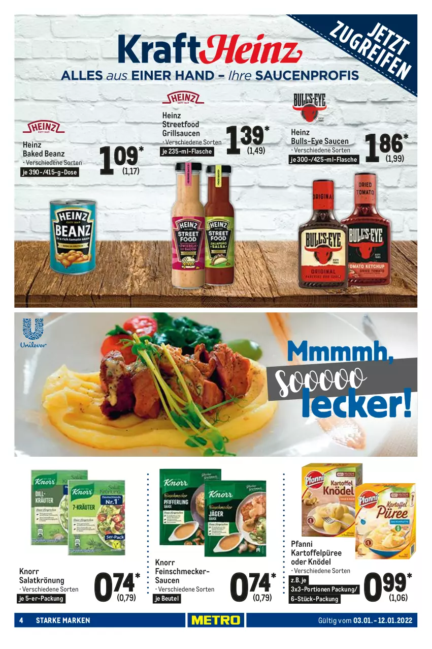 Aktueller Prospekt Metro - Starke Marken - von 03.01 bis 12.01.2022 - strona 4 - produkty: beanz, beutel, feinschmecker, flasche, grill, grillsauce, heinz, kartoffel, Kartoffelpüree, Knödel, knorr, pfanni, püree, salat, salatkrönung, sauce, saucen, Ti