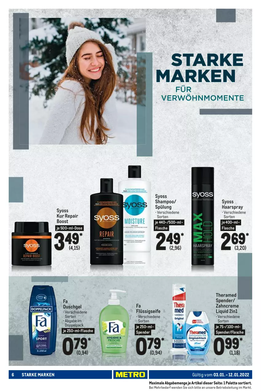 Aktueller Prospekt Metro - Starke Marken - von 03.01 bis 12.01.2022 - strona 6 - produkty: creme, duschgel, fa duschgel, flasche, flüssigseife, haarspray, Palette, Seife, shampoo, spülung, syoss, theramed, Ti, Yo, zahncreme