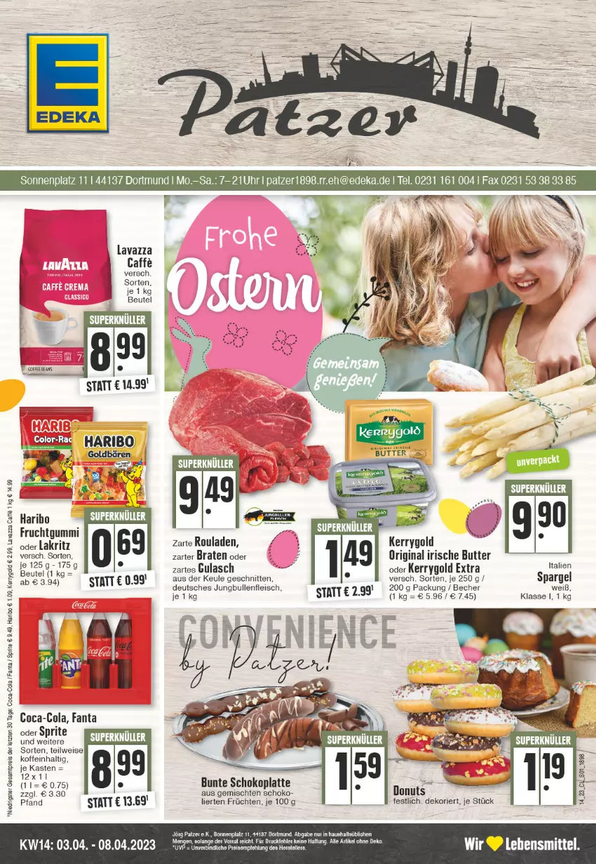 Aktueller Prospekt Edeka - Angebote der Woche - von 03.04 bis 08.04.2023 - strona 1 - produkty: Becher, beutel, braten, butter, caffe, coca-cola, cola, eis, fanta, fanta oder, fanta oder sprite, fleisch, frucht, früchte, früchten, fruchtgummi, gin, gulasch, haribo, irische butter, jungbullen, kerrygold, kerrygold extra, Lakritz, latte, lavazza, oder lakritz, oder sprite, reis, rouladen, schnitten, schoko, spargel, sprite, Ti, ZTE