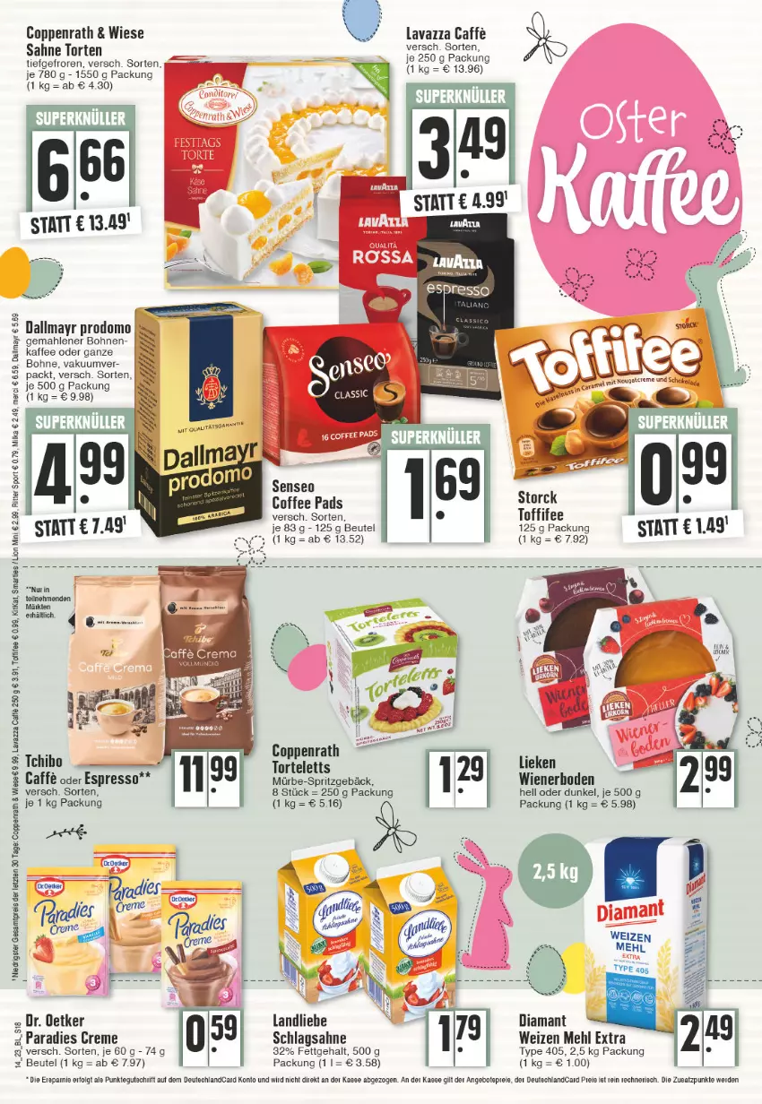 Aktueller Prospekt Edeka - Angebote der Woche - von 03.04 bis 08.04.2023 - strona 18 - produkty: angebot, angebote, beutel, bohne, bohnen, caffe, coppenrath, creme, dallmayr, dallmayr prodomo, eis, erde, espresso, gin, kaffee, kitkat, landliebe, lavazza, LG, lieken, lion, mehl, merci, milka, oder espresso, Paradies Creme, prodomo, Rana, reis, ritter, ritter sport, sahne, schlagsahne, smarties, Sport, Spritzgebäck, Tchibo, tee, Ti, toffifee, torte, type 405, wiener, ZTE