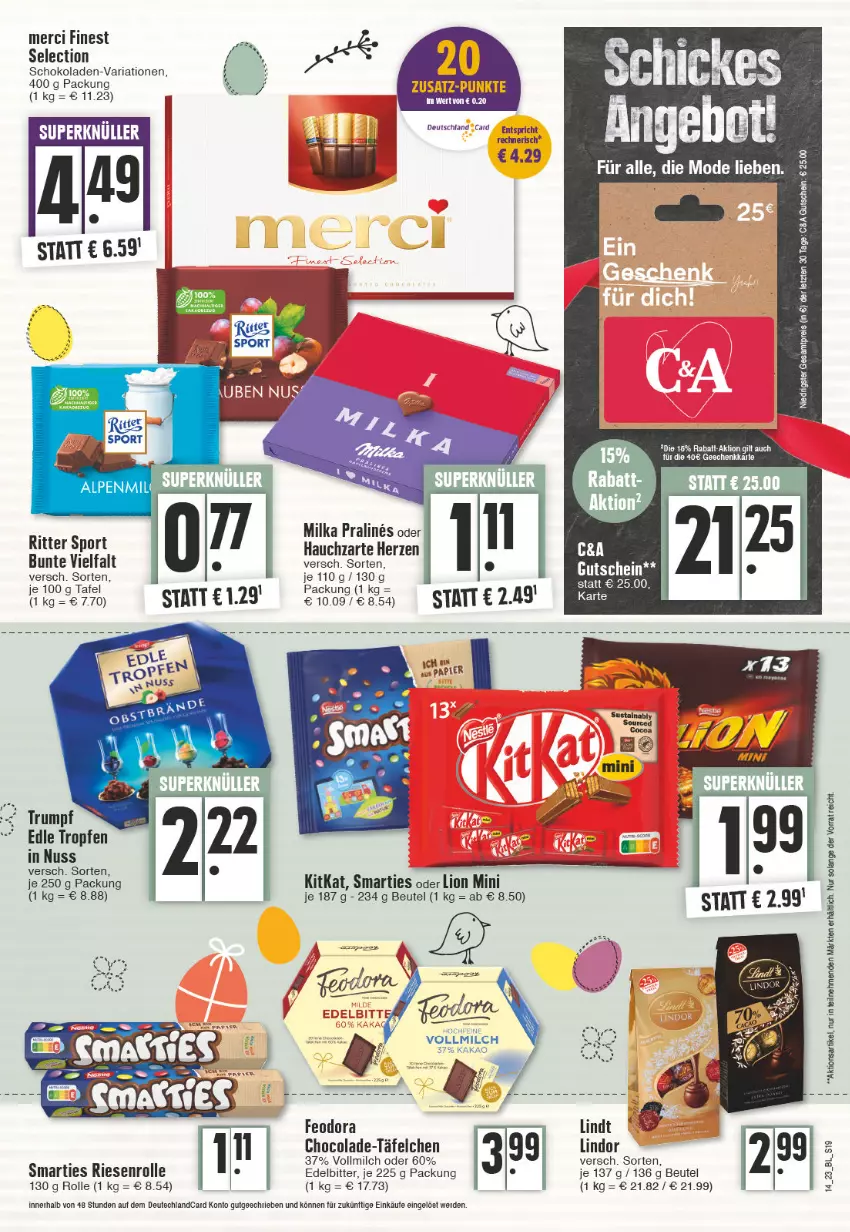 Aktueller Prospekt Edeka - Angebote der Woche - von 03.04 bis 08.04.2023 - strona 19 - produkty: beutel, cola, deutschland card, eis, erde, gutschein, kakao, kitkat, lindor, lion, merci, milch, milka, Mode, nuss, papier, reis, Ria, ritter, ritter sport, rum, schoko, schokolade, schokoladen, smarties, Sport, tee, Ti, vollmilch, ZTE