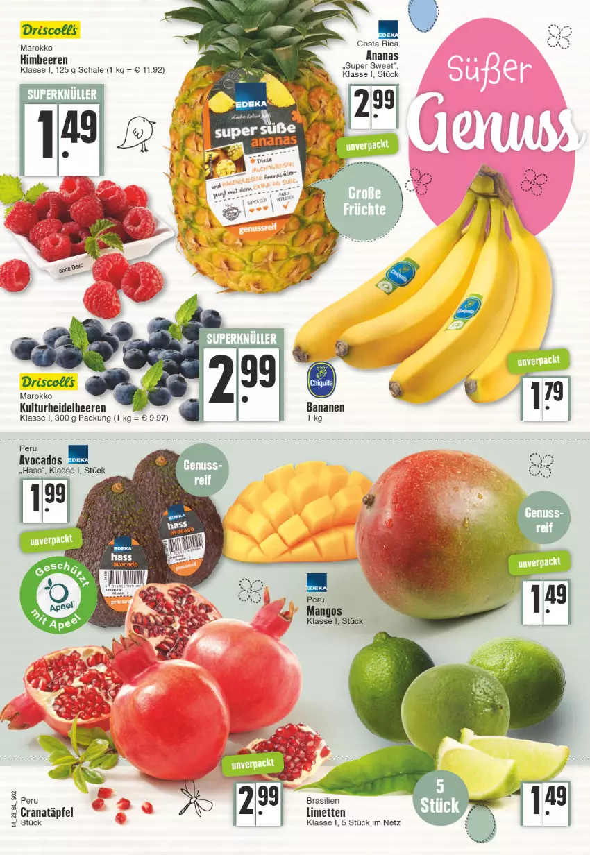 Aktueller Prospekt Edeka - Angebote der Woche - von 03.04 bis 08.04.2023 - strona 2 - produkty: avocado, avocados, beere, beeren, grana, Granatäpfel, heidelbeere, heidelbeeren, himbeer, himbeere, himbeeren, limette, limetten, Mett, metten, Rana, Schal, Schale