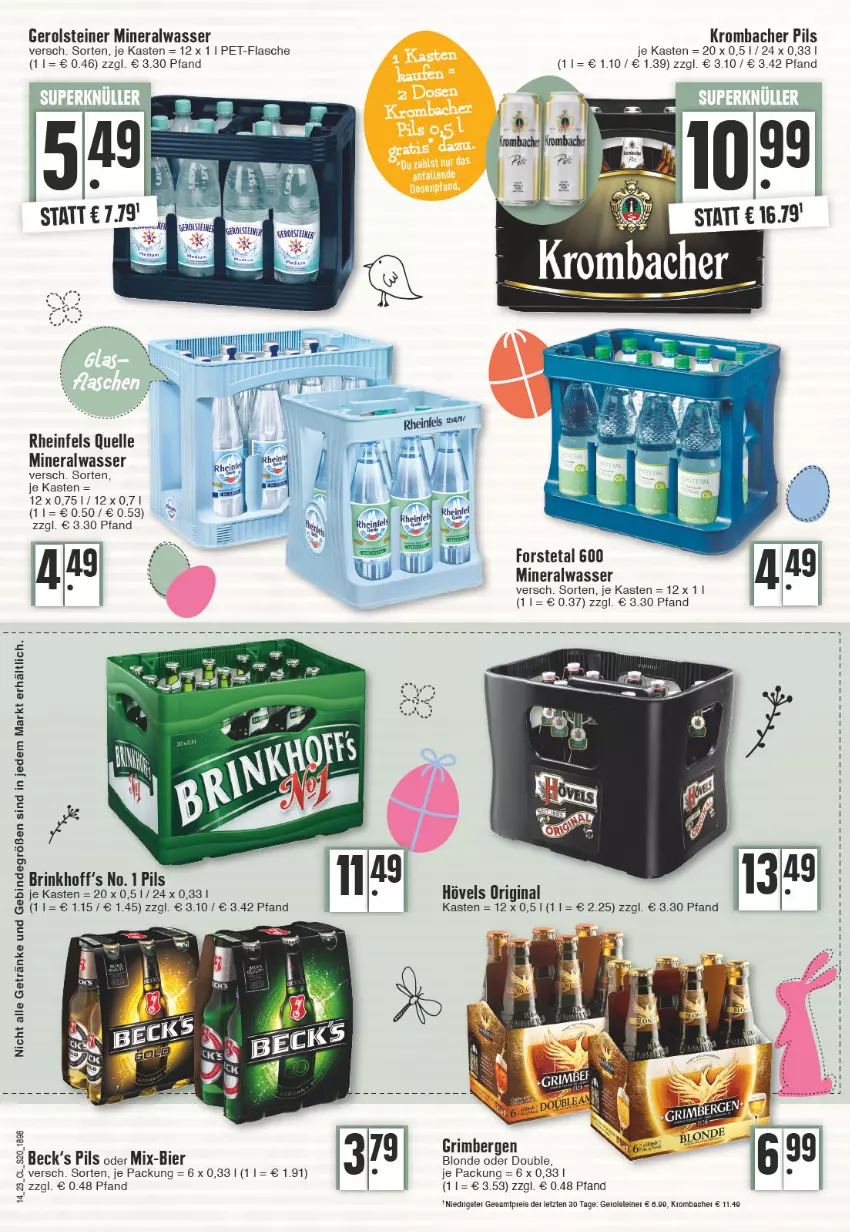 Aktueller Prospekt Edeka - Angebote der Woche - von 03.04 bis 08.04.2023 - strona 20 - produkty: Alwa, bier, elle, flasche, Forstetal, gerolsteine, gerolsteiner, getränk, getränke, gin, krombache, krombacher, krombacher pils, mineralwasser, pet-flasche, pils, rheinfels quelle, steiner, wasser, ZTE