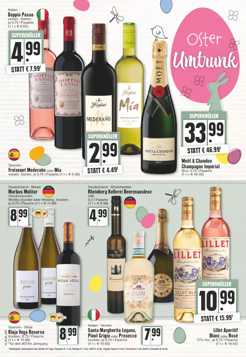 Aktueller Prospekt Edeka - Angebote der Woche - von 03.04 bis 08.04.2023 - strona 22 - produkty: aperitif, baileys, beere, beeren, brut, burgunder, champagne, doppio passo, ecco, eis, elle, flasche, freixenet, grauburgunder, lillet, margherita, moet, passo, Pinot, pinot grigio, prosecco, Ria, riesling, rioja, sim, Ti, Weißburgunder, ZTE