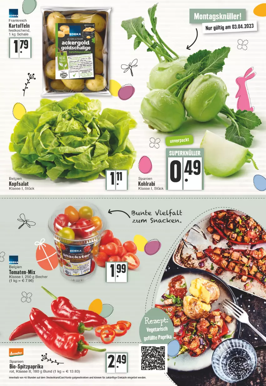 Aktueller Prospekt Edeka - Angebote der Woche - von 03.04 bis 08.04.2023 - strona 5 - produkty: ackergold, Becher, bio, erde, kartoffel, kartoffeln, kohlrabi, kopfsalat, LG, paprika, paprika rot, salat, Schal, Schale, Spitzpaprika, Ti, tomate, tomaten