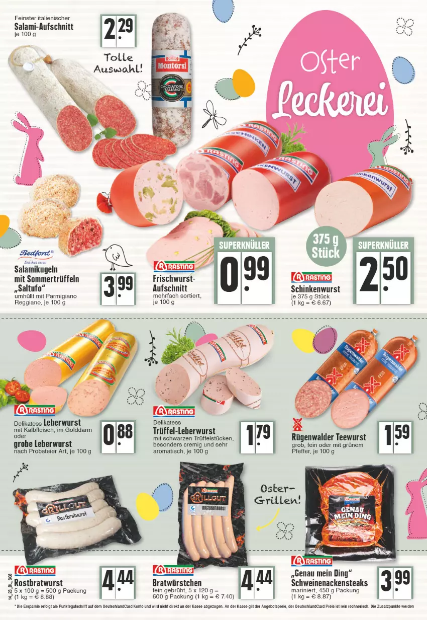 Aktueller Prospekt Edeka - Angebote der Woche - von 03.04 bis 08.04.2023 - strona 8 - produkty: asti, aufschnitt, bratwurst, eier, eis, erde, fleisch, Kalbfleisch, Kugel, leberwurst, LG, mit kalbfleisch, Nackensteak, nackensteaks, obst, parmigiano, parmigiano reggiano, pfeffer, reggiano, rostbratwurst, rügenwalder, salami, schinken, schinkenwurst, schwein, schweine, schweinenacken, steak, steaks, tee, teewurst, Ti, tisch, Trüffel, wein, weine, wurst, würstchen