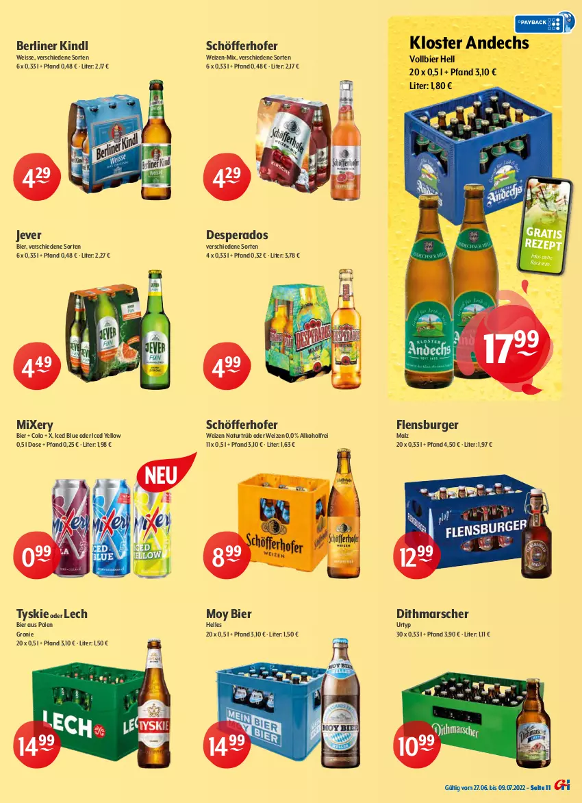 Aktueller Prospekt Getraenke Hoffmann - Prospekte - von 27.06 bis 09.07.2022 - strona 11 - produkty: alkohol, berliner, berliner kindl, bier, bitburger, burger, cola, desperados, eis, elle, flensburger, jever, kellerbier, Kloster Andechs, krombache, krombacher, mac, malz, mars, Mixer, mixery, mönchshof, Moy Bier, natur, oder radler, Paula, paulaner, pils, pilsener, premium pils, radler, rezept, schöfferhofer, steiner, Ti, tyskie, urtyp, warsteiner