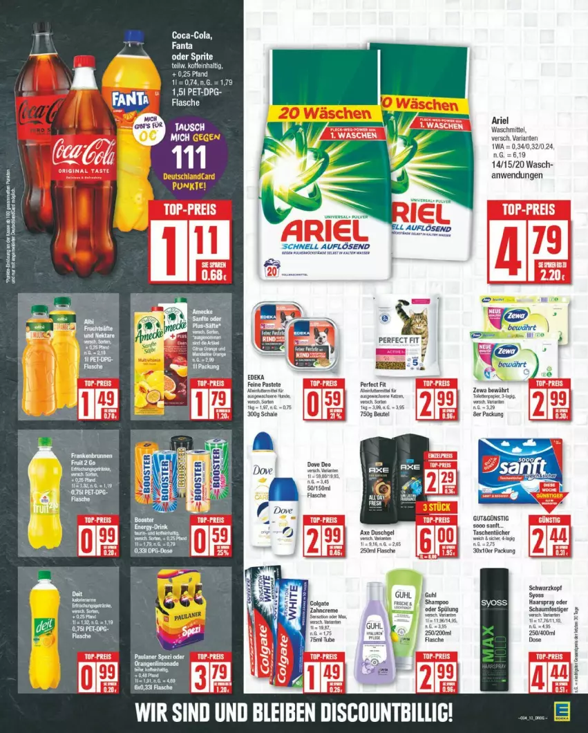 Aktueller Prospekt Edeka - Prospekte - von 19.08 bis 24.08.2024 - strona 13 - produkty: ariel, coca-cola, cola, deutschlandcard, duschgel, eier, fanta, flasche, Guhl, haarspray, Ria, Schal, Schale, schaumfestiger, schwarzkop, schwarzkopf, syoss, Tasche, taschen, taschentücher, tee, Ti, tücher, waschmittel, Yo, zewa