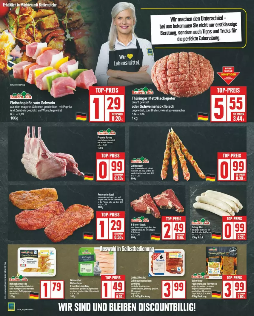 Aktueller Prospekt Edeka - Prospekte - von 19.08 bis 24.08.2024 - strona 4 - produkty: auer, Bau, Bauer, beko, braten, discount, eis, fleisch, Fleischspieße, gewürz, hackfleisch, mac, mit paprika, paprika, reis, rwe, schinken, schnitten, schwein, schweine, Schweinehackfleisch, tee, Ti, top-preis, wein, weine, zwiebel, zwiebeln