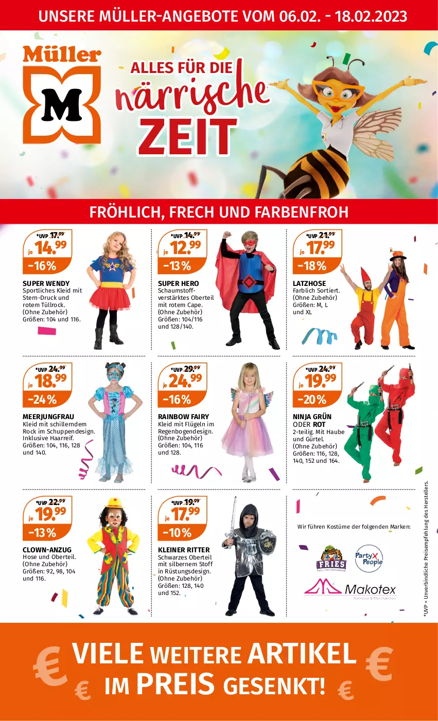 Aktueller Prospekt Mueller - Alles für die närrische Zeit - von 06.02 bis 18.02.2023 - strona 1 - produkty: angebot, angebote, Anzug, Cap, eis, elle, fairy, hero, hose, Jungfrau, kleid, Latzhose, leine, LG, Müller, reis, ritter, Sport, teller, Ti