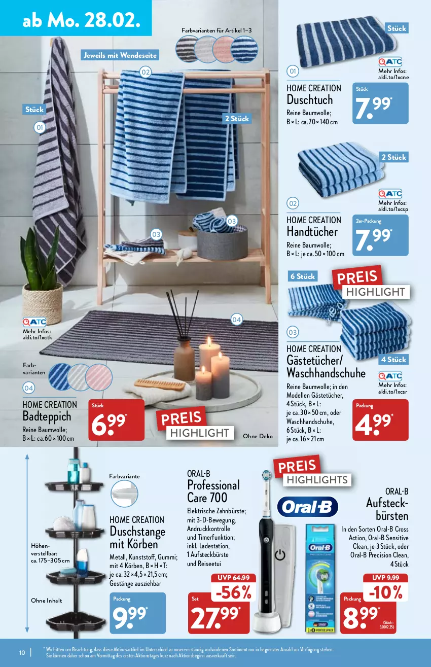 Aktueller Prospekt Aldi Nord - Aldi-Vorschau - von 28.02 bis 05.03.2022 - strona 10 - produkty: aldi, Bad, badteppich, Bau, baumwolle, bürste, bürsten, cross action, dell, duschtuch, eis, elektrische zahnbürste, elle, Gästetücher, gin, handschuhe, handtücher, Mode, oral-b, precision clean, reine baumwolle, reis, Ria, schuhe, teppich, Ti, timer, tuc, tücher, waschhandschuh, wolle, zahnbürste, ZTE