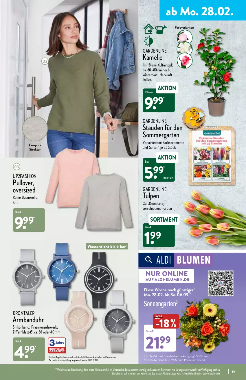 Aktueller Prospekt Aldi Nord - Aldi-Vorschau - von 28.02 bis 05.03.2022 - strona 19 - produkty: aldi, Armband, Armbanduhr, Bau, baumwolle, blume, blumen, Blüte, Brei, ente, Garten, gin, kulturtopf, pflanze, Pullover, reine baumwolle, Ria, rwe, stauden, Ti, topf, uhr, up2fashion, wasser, wolle, ZTE