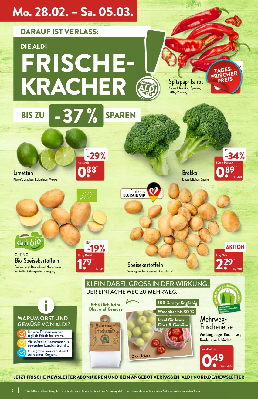 Aktueller Prospekt Aldi Nord - Aldi-Vorschau - von 28.02 bis 05.03.2022 - strona 2 - produkty: aldi, angebot, beutel, binden, bio, brokkoli, Clin, eis, erde, kartoffel, kartoffeln, kracher, limette, limetten, Mett, metten, obst, Obst und Gemüse, paprika, paprika rot, rum, rwe, Schal, Schale, speisekartoffeln, Spitzpaprika, Ti, trolli, und gemüse, ZTE