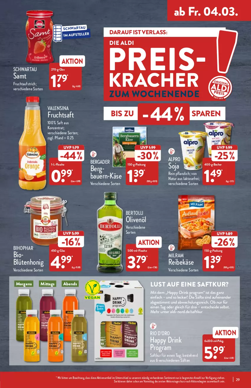 Aktueller Prospekt Aldi Nord - Aldi-Vorschau - von 28.02 bis 05.03.2022 - strona 29 - produkty: aldi, alpro, auer, aufstrich, Bau, Bauer, Becher, bergader, bertolli, bihophar, bio, Blüte, blütenhonig, drink, eis, elle, flasche, frucht, fruchtaufstrich, fruchtsaft, gin, honig, Käse, kracher, milram, natur, olive, oliven, olivenöl, Reibekäse, reis, saft, säfte, Schwartau, soja, teller, Ti, valensina, ZTE