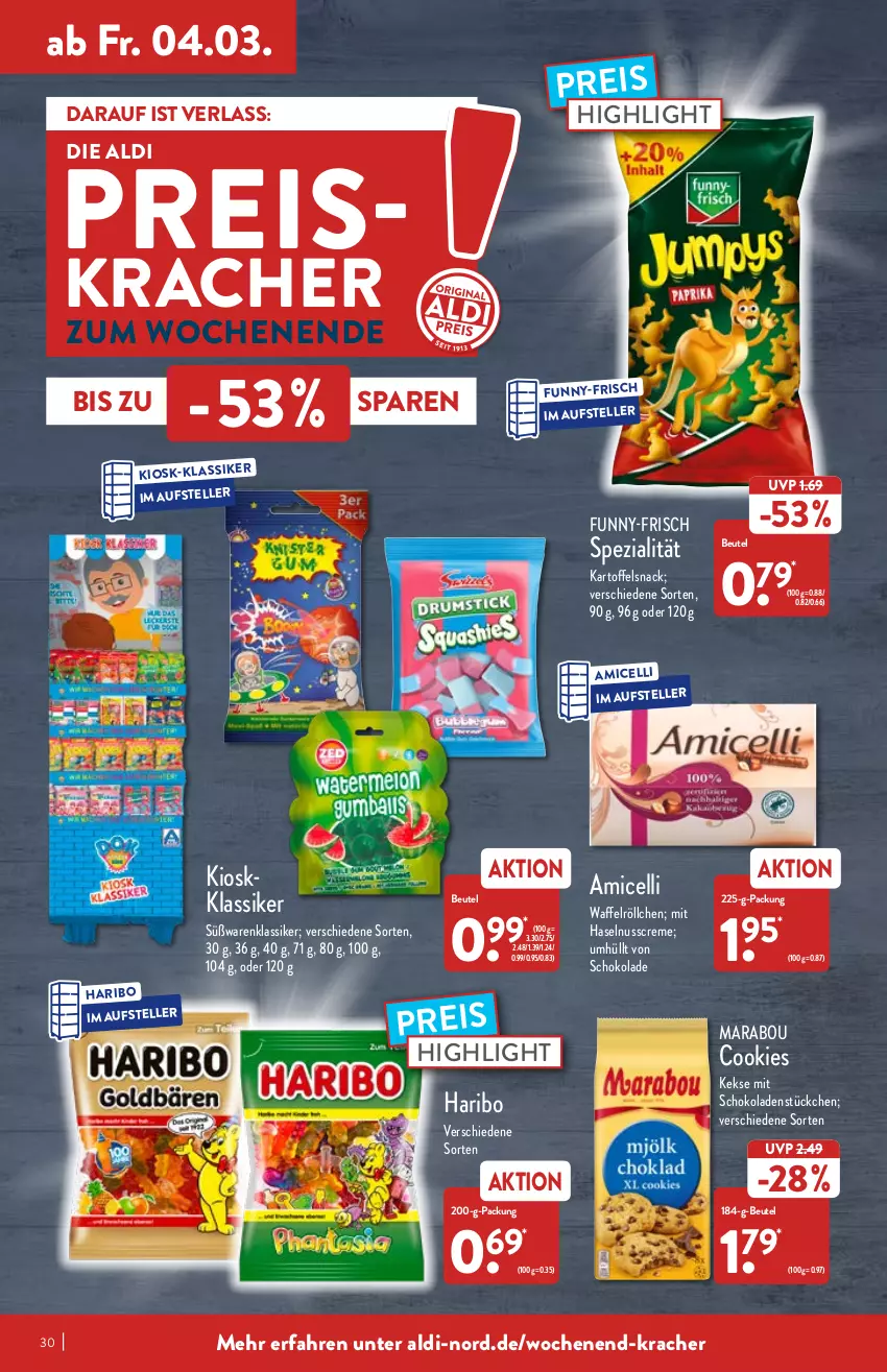 Aktueller Prospekt Aldi Nord - Aldi-Vorschau - von 28.02 bis 05.03.2022 - strona 30 - produkty: aldi, amicelli, beutel, cookie, cookies, creme, eis, elle, funny-frisch, haribo, haselnuss, Haselnusscreme, kartoffel, keks, kekse, kracher, Marabou, nuss, reis, schoko, schokolade, schokoladen, snack, Spezi, teller, Ti, Waffelröllchen