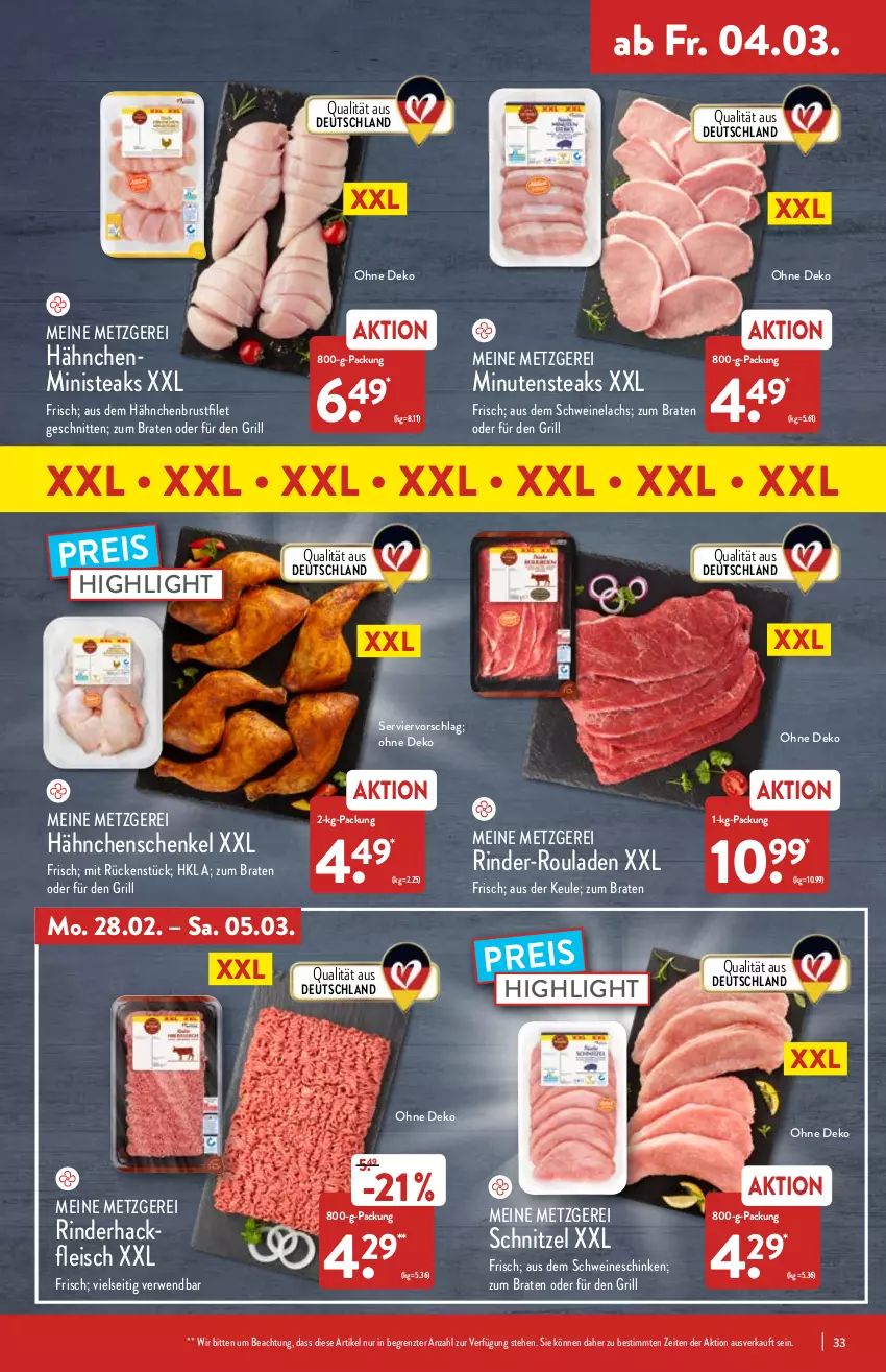 Aktueller Prospekt Aldi Nord - Aldi-Vorschau - von 28.02 bis 05.03.2022 - strona 33 - produkty: braten, brustfilet, eis, filet, fleisch, grill, hackfleisch, hähnchenbrust, hähnchenbrustfilet, hähnchenschenkel, henkel, lachs, minutensteaks, reis, rind, rinder, rinder-rouladen, rinderhackfleisch, rouladen, rwe, schenkel, schinken, schnitten, schnitzel, schwein, schweine, Schweinelachs, steak, steaks, Ti, wein, weine, ZTE