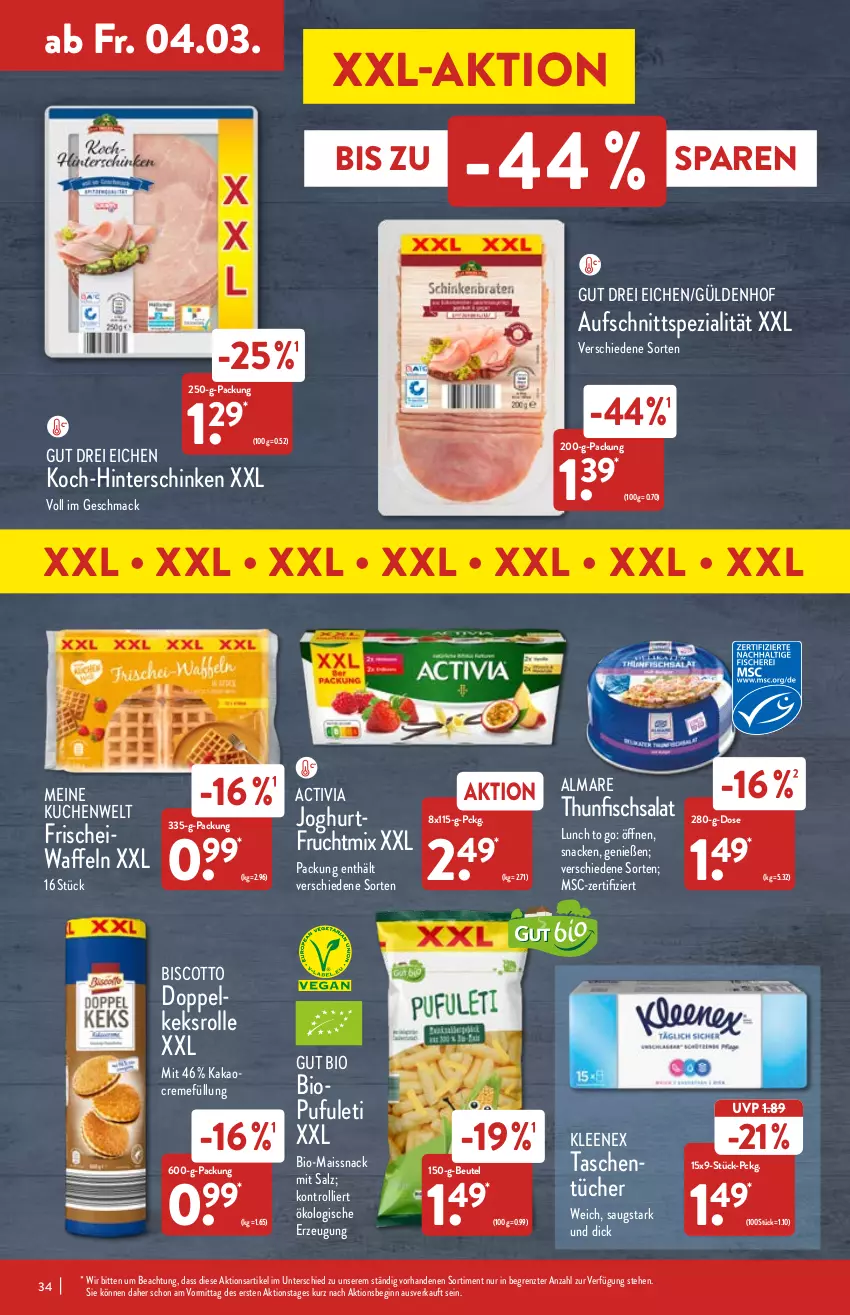 Aktueller Prospekt Aldi Nord - Aldi-Vorschau - von 28.02 bis 05.03.2022 - strona 34 - produkty: activia, activia joghurt, almare, aufschnitt, beutel, bio, biscotto, creme, fisch, frucht, gin, hinterschinken, joghur, joghurt, kakao, keks, kuchen, mac, mais, salat, salz, schinken, snack, Spezi, Tasche, taschen, taschentücher, thunfisch, Thunfischsalat, Ti, trolli, tücher, waffeln, ZTE