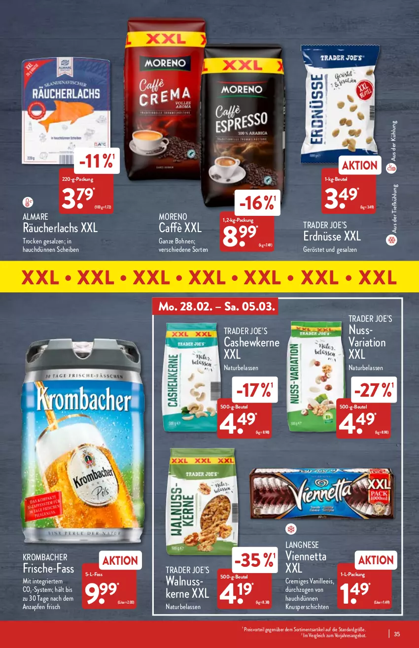 Aktueller Prospekt Aldi Nord - Aldi-Vorschau - von 28.02 bis 05.03.2022 - strona 35 - produkty: almare, angebot, aus der tiefkühlung, beutel, bohne, bohnen, Cashew, cashewkerne, eis, erdnüsse, krombache, krombacher, lachs, langnese, Moreno, natur, nuss, preisvorteil, Räucherlachs, reis, resa, Ria, salz, Ti, vanille, viennetta, walnuss, walnusskerne