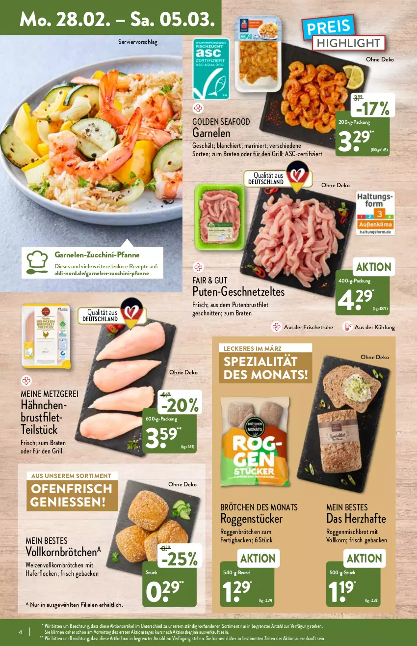 Aktueller Prospekt Aldi Nord - Aldi-Vorschau - von 28.02 bis 05.03.2022 - strona 4 - produkty: aldi, beutel, braten, brot, brötchen, brustfilet, eis, filet, garnelen, geback, geschnetzeltes, gin, grill, hafer, haferflocken, hähnchenbrust, hähnchenbrustfilet, korn, Ofen, pfanne, pute, putenbrust, putenbrustfilet, reis, rezept, rezepte, roggenbrötchen, schnitten, Spezi, Ti, Zelt, ZTE, zucchini