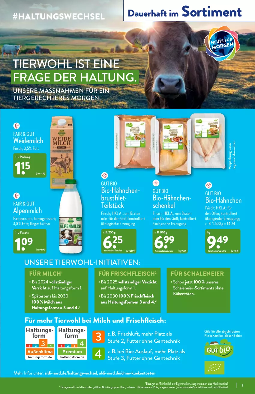 Aktueller Prospekt Aldi Nord - Aldi-Vorschau - von 28.02 bis 05.03.2022 - strona 5 - produkty: aldi, alpenmilch, auer, bio, braten, brustfilet, eier, eis, ente, filet, flasche, fleisch, grill, gsw, hähnchenbrust, hähnchenbrustfilet, hähnchenschenkel, henkel, milch, Ofen, pute, rind, Schal, Schale, schenkel, schwein, Spezi, Ti, trolli, weidemilch, wein