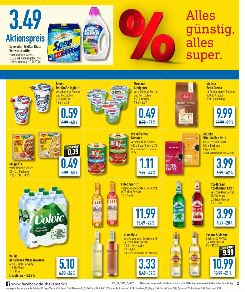 Aktueller Prospekt Diska - Prospekte - von 30.05 bis 03.06.2023 - strona 2 - produkty: aktionspreis, almighur, almighurt, Alwa, aperitif, auer, Bau, Bauer, Becher, bella crema, bohne, bohnen, bree, deka, eduscho, ehrmann, eis, flasche, joghur, joghurt, kaffee, likör, lillet, maggi, maggi fix, melitta, mineralwasser, natürliches mineralwasser, nordbrand, nuss, oro di parma, pizza, reis, rum, sauce, spee, Ti, tomate, tomaten, vollwaschmittel, volvic, volvic natürliches, waschmittel, wasser, wein, ZTE