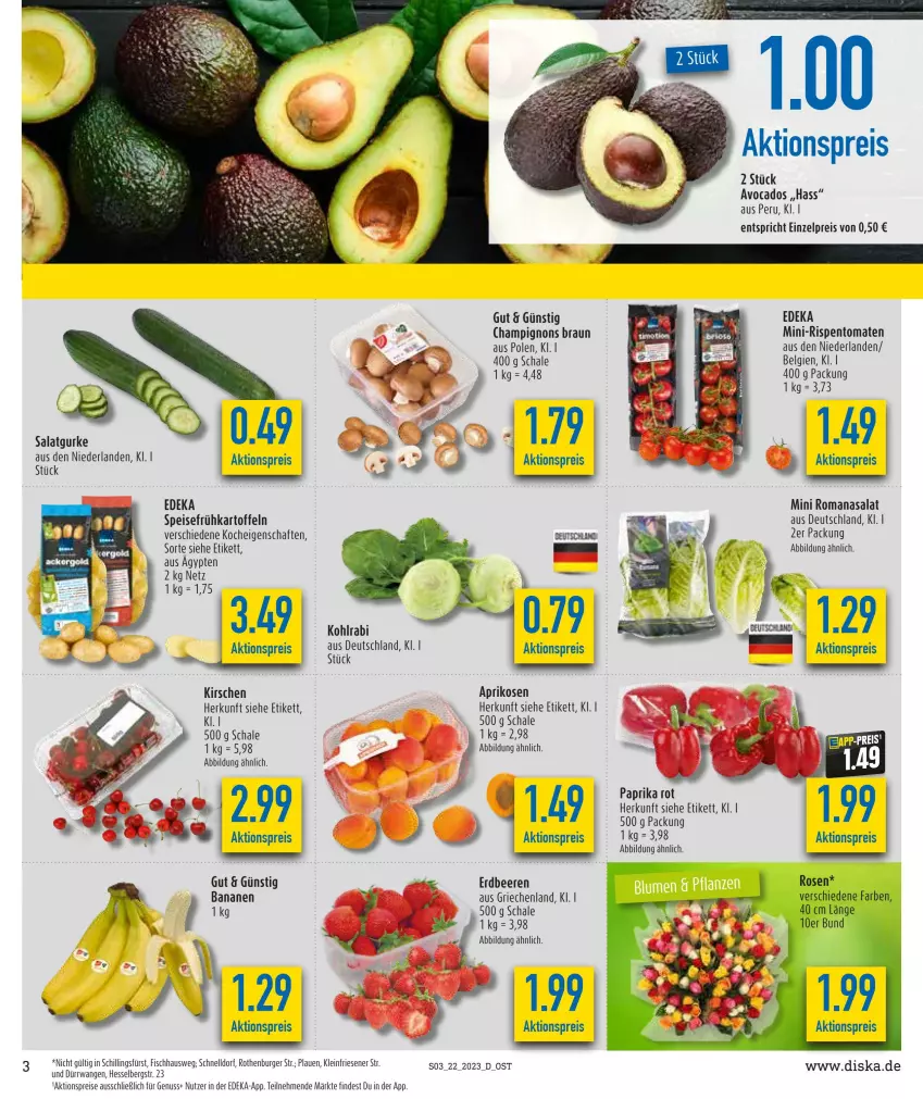 Aktueller Prospekt Diska - Prospekte - von 30.05 bis 03.06.2023 - strona 3 - produkty: aktionspreis, aprikose, aprikosen, avocado, avocados, banane, bananen, beere, beeren, braun, burger, champignon, champignons, champignons braun, deka, eis, erdbeere, erdbeeren, fisch, Frühkartoffeln, gurke, kartoffel, kartoffeln, kirsch, kirsche, kirschen, kohlrabi, LG, mini-rispentomaten, nuss, paprika, paprika rot, reis, rispentomaten, Romanasalat, rosen, salat, Salatgurke, Schal, Schale, speisefrühkartoffeln, Ti, tomate, tomaten