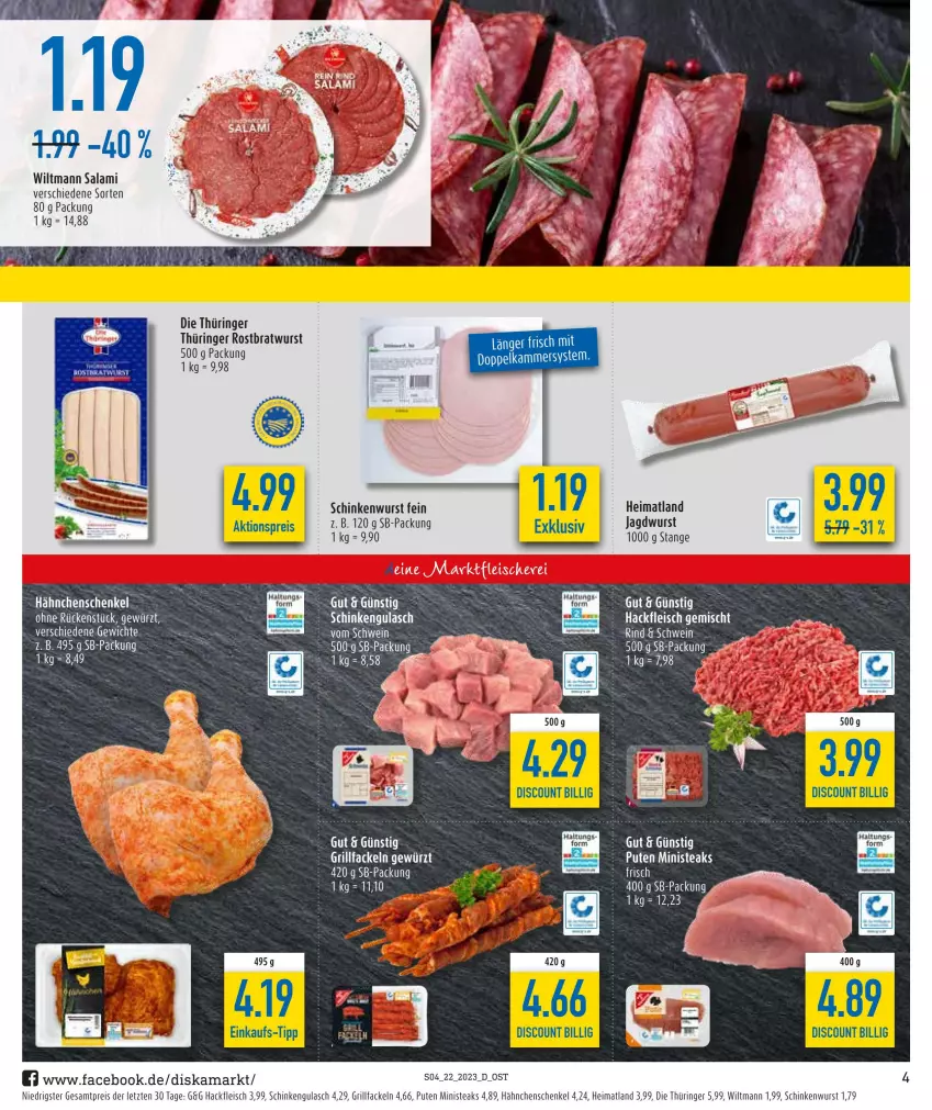 Aktueller Prospekt Diska - Prospekte - von 30.05 bis 03.06.2023 - strona 4 - produkty: aktionspreis, bratwurst, discount, eis, ente, fleisch, grill, grillfackeln, gulasch, hackfleisch, hackfleisch gemischt, hähnchenschenkel, henkel, jagdwurst, kiri, pute, reis, ring, rostbratwurst, salami, schenkel, schinken, schinkenwurst, steak, steaks, thüringer rostbratwurst, Ti, wiltmann, wurst, ZTE