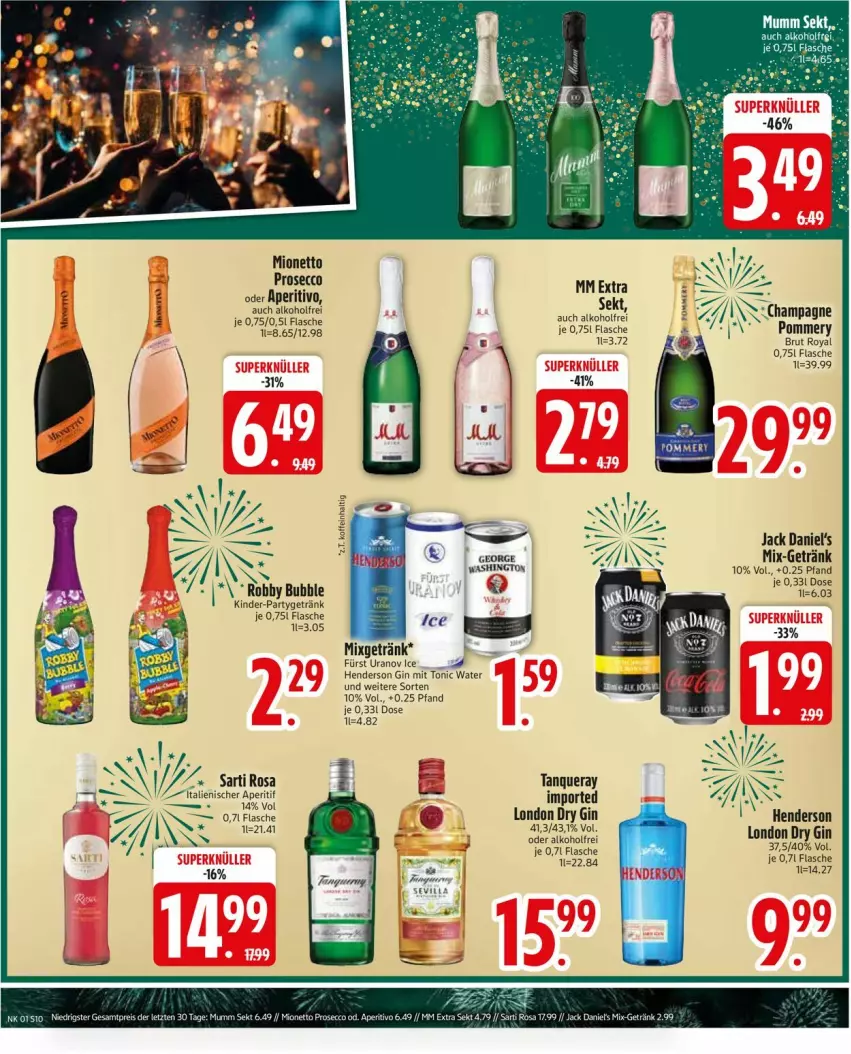 Aktueller Prospekt Edeka - Prospekte - von 30.12.2025 bis 04.01.2026 - strona 12 - produkty: alkohol, brut, champagne, dry gin, ecco, enders, flasche, getränk, gin, jack daniel, jack daniel's, Kinder, london dry, london dry gin, mionetto, Mixgetränk, mm extra, prosecco, robby, sekt, Tanqueray, Ti, tonic, tonic water