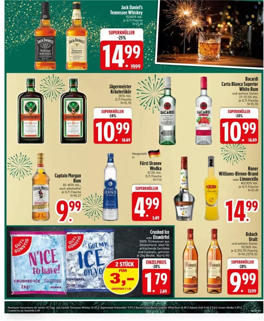 Aktueller Prospekt Edeka - Prospekte - von 30.12.2025 bis 04.01.2026 - strona 13 - produkty: alkohol, asbach uralt, bacardi, beutel, Birnen, Cap, captain morgan, cocktail, cocktails, eis, flasche, Germ, getränk, getränke, jack daniel, jack daniel's, jägermeister, kräuter, kräuterlikör, LG, likör, limo, Meister, rum, wasser, white rum