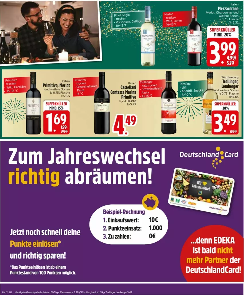 Aktueller Prospekt Edeka - Prospekte - von 30.12.2025 bis 04.01.2026 - strona 14 - produkty: Bad, Berger, chardonnay, corona, deutschlandcard, eis, Engel, flasche, lamm, merl, merlot, mezzacorona, pasta, primitivo, reis, tee, Ti, trolli, trollinger, vorspeise, Wild, ZTE