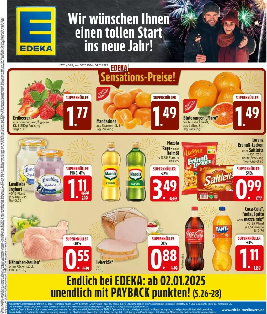 Aktueller Prospekt Edeka - Prospekte - von 30.12.2025 bis 04.01.2026 - strona 3 - produkty: beere, beeren, beutel, Blutorange, coca-cola, cola, deka, erdbeere, erdbeeren, fanta, flasche, joghur, joghurt, keimöl, landliebe, leberkäs, lorenz, mandarine, mandarinen, mazola, Mezzo Mix, orange, orangen, payback, saltletts, sprite, Ti