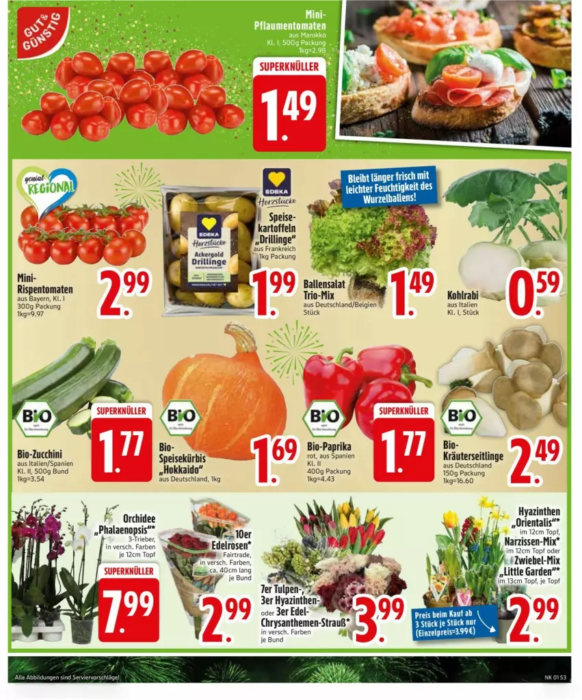 Aktueller Prospekt Edeka - Prospekte - von 30.12.2025 bis 04.01.2026 - strona 5 - produkty: ball, bio, Bio-Paprika, bio-zucchini, chrysanthemen, dip, eis, kohlrabi, kräuter, Kräuterseitlinge, Kürbis, Narzissen, orchidee, paprika, pflaume, pflaumen, phalaenopsis, reis, rispentomaten, tomate, tomaten, topf, zucchini, zwiebel