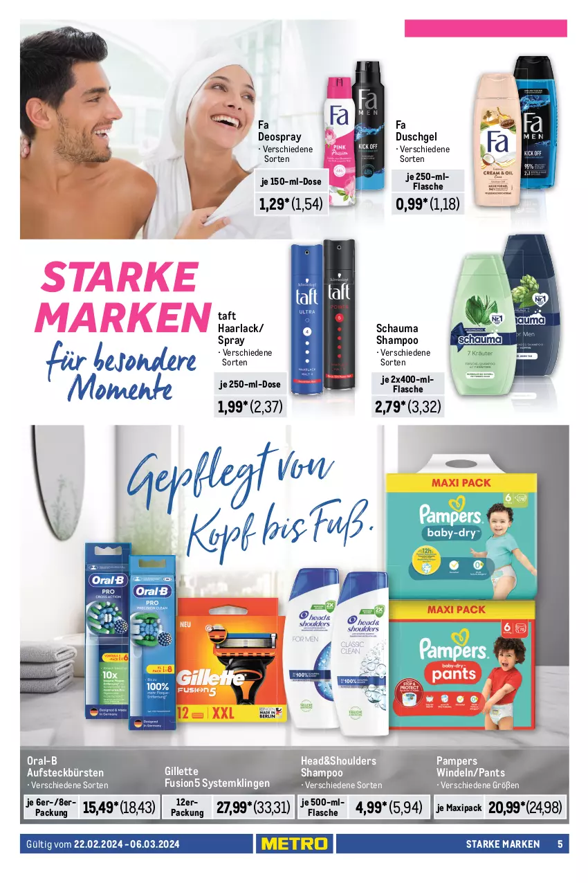 Aktueller Prospekt Metro - Starke Marken - von 22.02 bis 06.03.2024 - strona 5 - produkty: arla, aufsteckbürsten, Bebe, body, bodylotion, bürste, bürsten, carefree, creme, deo, deo roll-on, deospray, duschgel, fa duschgel, feuchtigkeitscreme, flasche, fusion5, gillette, Haarlack, handcreme, je 500-ml-flasche, lack, listerine, Lotion, mundspülung, neutrogena, nivea, oral-b, Palette, pampers, Pants, Reinigung, reinigungstücher, roll-on, schauma, schauma shampoo, shampoo, slip, slipeinlagen, spülung, Systemklingen, Taft, Ti, tücher, windeln