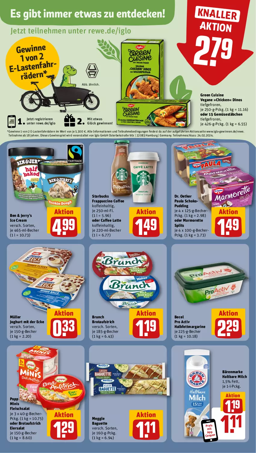 Aktueller Prospekt Rewe - Prospekte - von 12.02 bis 17.02.2024 - strona 12 - produkty: aufstrich, baguette, bärenmarke, becel, Becher, brot, brotaufstrich, caffe, cin, coupon, decke, Dr. Oetker, eier, eiersalat, eis, fleisch, fleischsalat, Germ, gewinnspiel, halbfettmargarine, haltbare milch, iglo, joghur, joghurt, joghurt mit der ecke, latte, margarine, marmorette, meggle, milch, Müller, Paula, Popp, pudding, reis, salat, schoko, starbucks, Ti