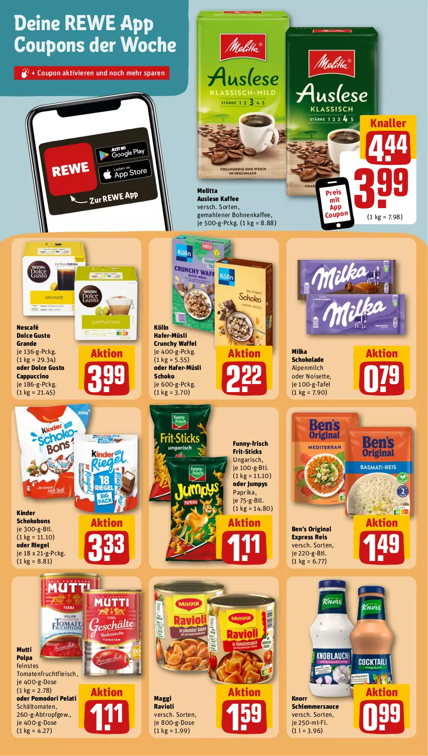 Aktueller Prospekt Rewe - Prospekte - von 12.02 bis 17.02.2024 - strona 14 - produkty: alpenmilch, Ben’s Original, bohne, bohnen, bohnenkaffee, Cap, cappuccino, cin, coupon, coupons, dolce gusto, eis, fleisch, Frit-Sticks, frucht, fruchtfleisch, funny-frisch, gemahlener bohnenkaffee, gin, hafer, kaffee, Kinder, Kinder Schokobons, knorr, kölln, maggi, melitta, milch, milka, milka schokolade, müsli, Mutti, Nescafé, paprika, ravioli, reis, riegel, sauce, schlemmersauce, schoko, schokolade, Ti, tomate, tomaten