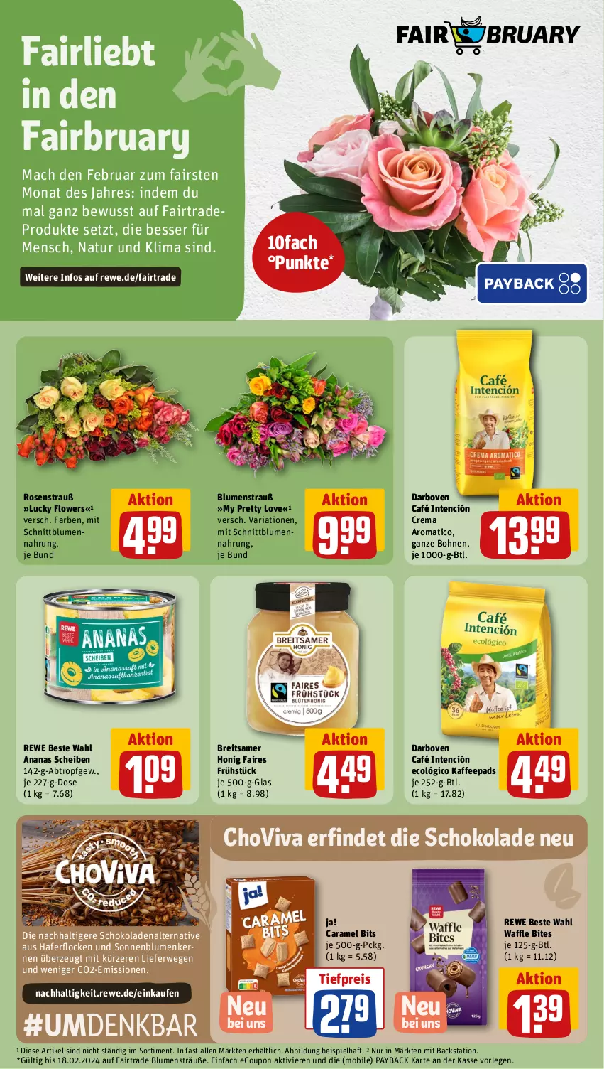 Aktueller Prospekt Rewe - Prospekte - von 12.02 bis 17.02.2024 - strona 15 - produkty: ananas, bites, blume, blumen, Blumenstrauß, bohne, bohnen, Brei, caramel, chovi, coupon, darbo, darboven, eis, Flowers, hafer, haferflocken, honig, kaffee, kaffeepads, mac, natur, payback, reis, rewe beste wahl, Ria, rosen, Rosenstrauß, rwe, schoko, schokolade, schokoladen, sonnenblume, sonnenblumen, Sonnenblumenkerne, sonnenblumenkernen, Ti, tiefpreis