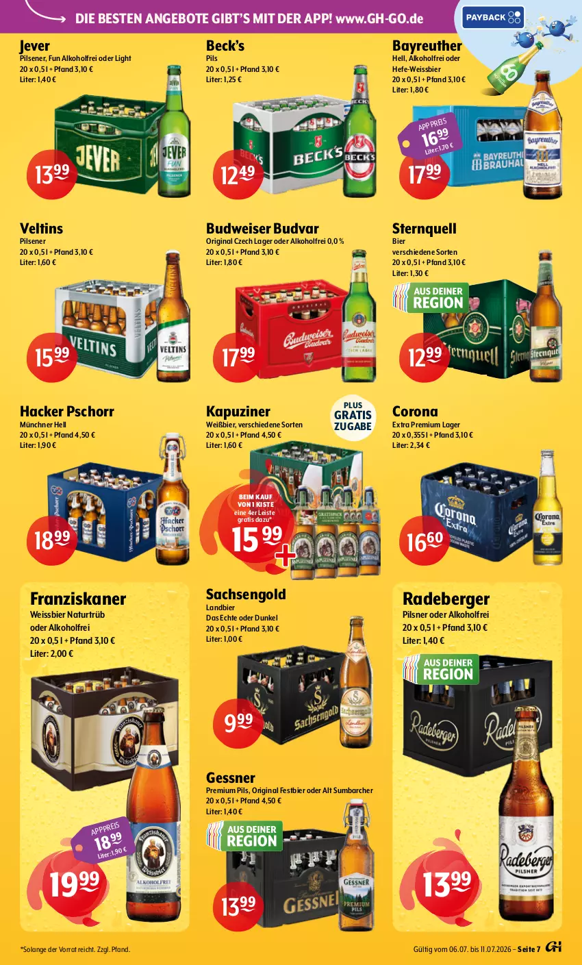 Aktueller Prospekt Getraenke Hoffmann - Prospekte - von 06.07 bis 11.07.2026 - strona 7 - produkty: alkohol, angebot, angebote, Berger, bier, budweiser, corona, corona extra, eis, franziskaner, Gessner, gin, hacker pschorr, Hefe, jever, jever pilsener, natur, pils, pilsener, pilsner, premium pils, radeberger, radeberger pilsner, sac, Ti, veltins, weissbier