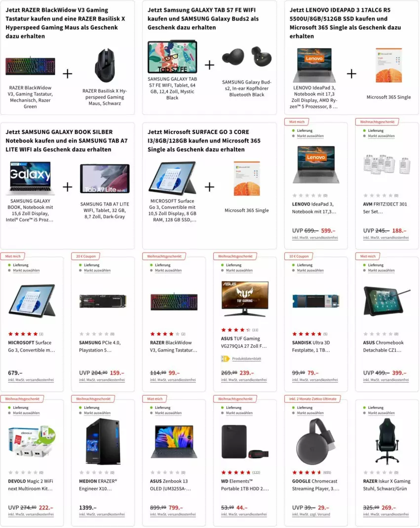 Aktueller Prospekt Media Markt - Prospekte - von 07.12 bis 14.12.2021 - strona 10 - produkty: asus, coupon, devolo, festplatte, fritz, gaming maus, gin, HDD, In-Ear Kopfhörer, Intel, kopfhörer, lack, latte, lays, lenovo, Maus, medion, ndk, notebook, PlayStation, PlayStation 5, Razer, Samsung, samsung galaxy, sandisk, spee, ssd, stuhl, Surf, tablet, Tastatur, Ti, uhr, versandkostenfrei