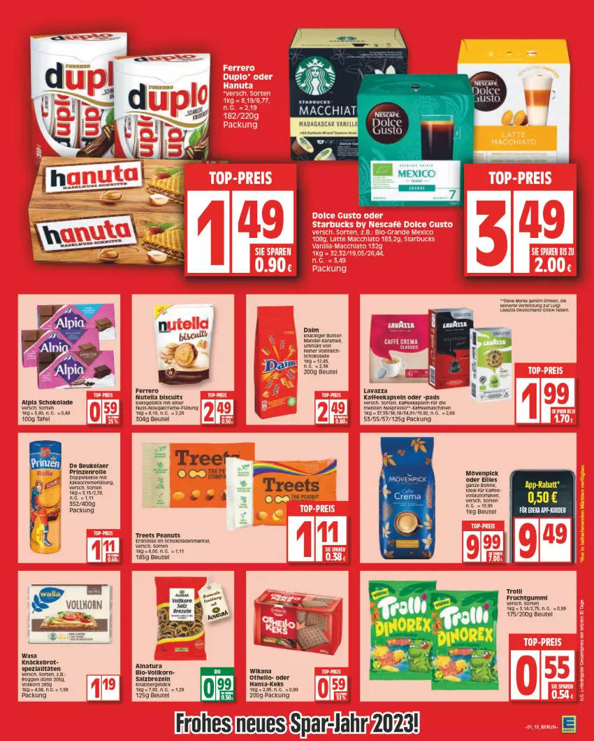 Aktueller Prospekt Edeka - Angebote der Woche - von 02.01 bis 07.01.2023 - strona 13 - produkty: auto, beutel, bohne, brot, butter, creme, daim, de beukelaer, eis, erdnüsse, espresso, ferrero, frucht, fruchtgummi, kaffee, kaffeekapseln, kaffeemaschine, kakao, karamell, keks, kekse, knäckebrot, korn, lavazza, LG, mandel, Mantel, miree, natur, natura, nespresso, Nougatcreme, nuss, nutella, prinzenrolle, salz, schoko, schokolade, schokoladen, tomate, tomaten, trolli, trolli fruchtgummi, vollautomaten, wasa