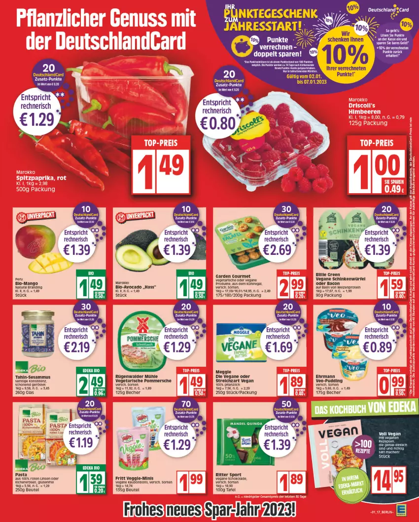 Aktueller Prospekt Edeka - Angebote der Woche - von 02.01 bis 07.01.2023 - strona 17 - produkty: aus dem kühlregal, avocado, bacon, Becher, beutel, bio, bonbons, deka, deutschlandcard, edeka bio, ehrmann, elle, erbsen, erde, garden gourmet, kichererbsen, kühlregal, LG, linsen, mac, mango, meggle, natur, natura, pasta, Pommersche, pudding, regal, rezept, rezepte, ritter, ritter sport, rügenwalder, rügenwalder mühle, schinken, schoko, schokolade, sesam, Sport, Streichzart, tee, Ti, Vegeta, veggie, würfel