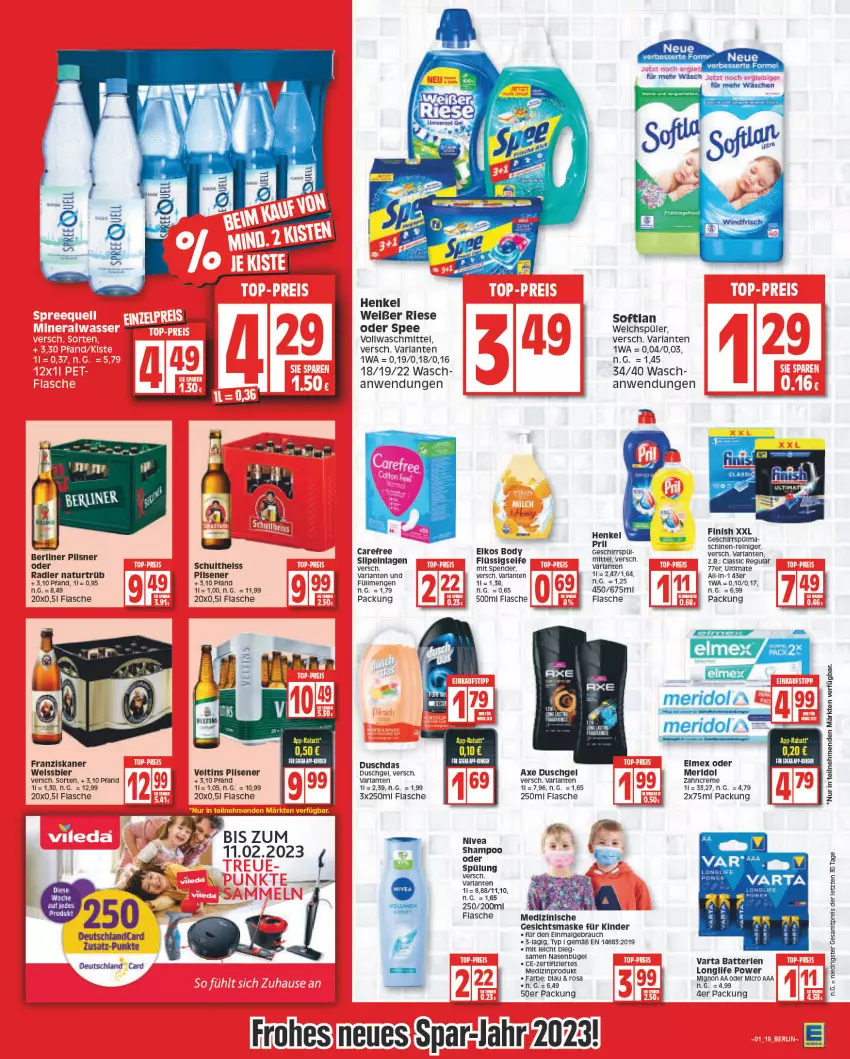 Aktueller Prospekt Edeka - Angebote der Woche - von 02.01 bis 07.01.2023 - strona 19 - produkty: arla, axe, axe duschgel, batterie, batterien, berliner, body, bügel, carefree, creme, duschdas, duschgel, eis, elmex, Finish, flasche, flüssigseife, franziskaner, geschirr, Gesichtsmaske, henkel, Kinder, LG, longlife, Maske, medizinprodukt, meridol, natur, nivea, radler, Rauch, reiniger, reis, Ria, Schultheiss, Seife, shampoo, shampoo oder spülung, slip, slipeinlagen, Softlan, spee, spülung, Ti, varta, veltins, vollwaschmittel, waschmittel, weichspüler, zahncreme, ZTE