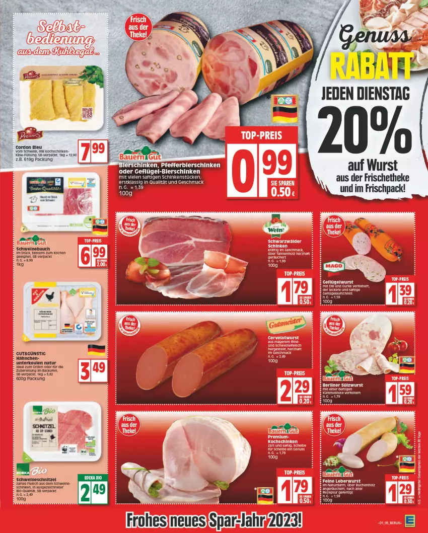 Aktueller Prospekt Edeka - Angebote der Woche - von 02.01 bis 07.01.2023 - strona 5 - produkty: aufschnitt, backofen, Bau, berliner, bier, bierschinken, bio, cordon bleu, eis, fleisch, Geflügel, grill, HP, ideal zum grillen, Käse, kochschinken, LG, mac, natur, Ofen, saft, schinken, schnitzel, schwein, schweine, Schweinebauch, schweineschnitzel, Ti, wein, weine, wurst