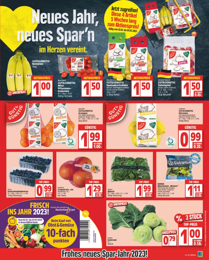 Aktueller Prospekt Edeka - Angebote der Woche - von 02.01 bis 07.01.2023 - strona 7 - produkty: banane, bananen, beere, beeren, beutel, deit, deka, eis, heidelbeere, heidelbeeren, kartoffel, kartoffeln, kohlrabi, obst, orange, orangen, pflaume, pflaumen, reifen, rotkohl, salat, speisekartoffeln, spinat, tafeläpfel, Ti, tomate, tomaten, zitrone, zitronen