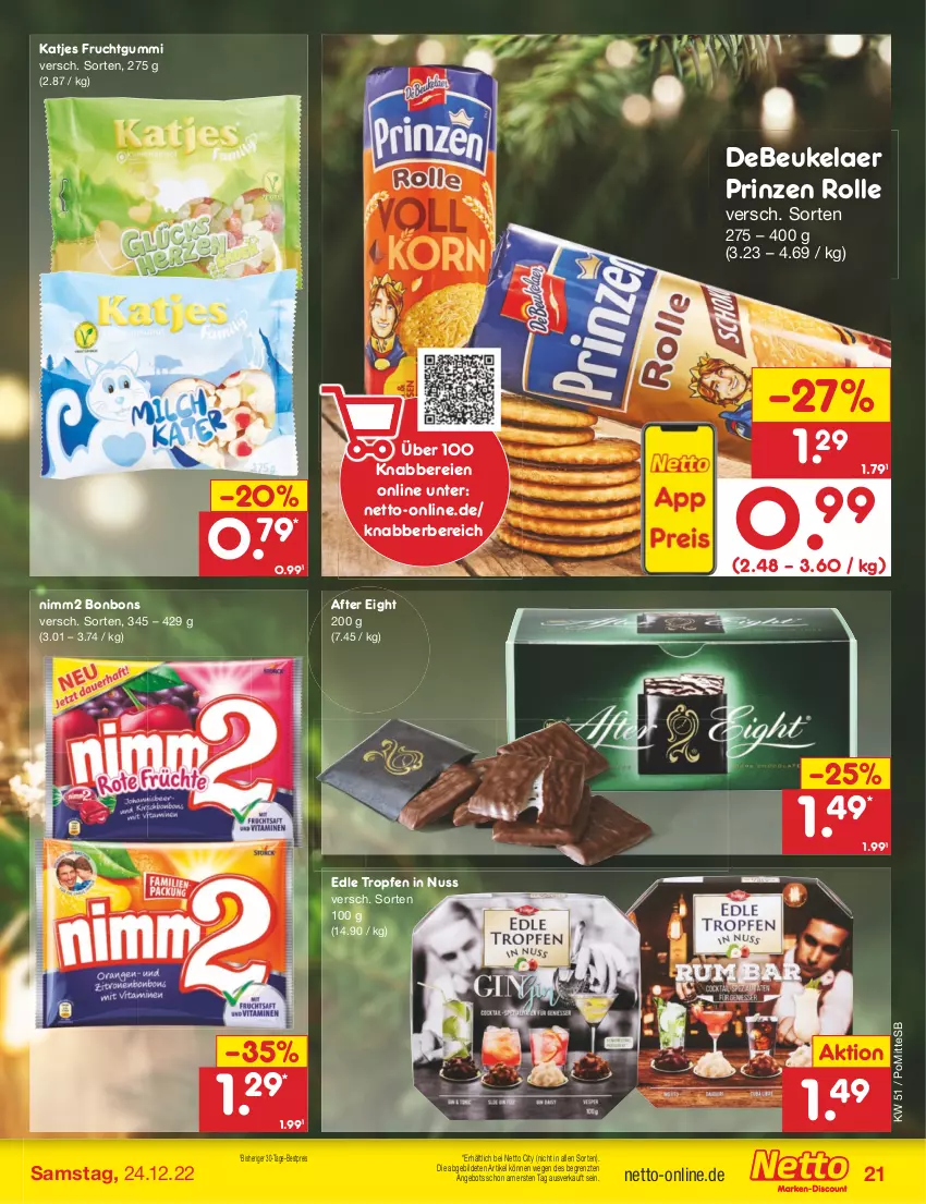 Aktueller Prospekt Netto Marken-Discount - Filial-Angebote - von 19.12 bis 24.12.2022 - strona 21 - produkty: after eight, angebot, bestpreis, bonbons, debeukelaer, eis, frucht, fruchtgummi, katjes, nimm2, nuss, prinzen rolle, reis, Ti, ZTE