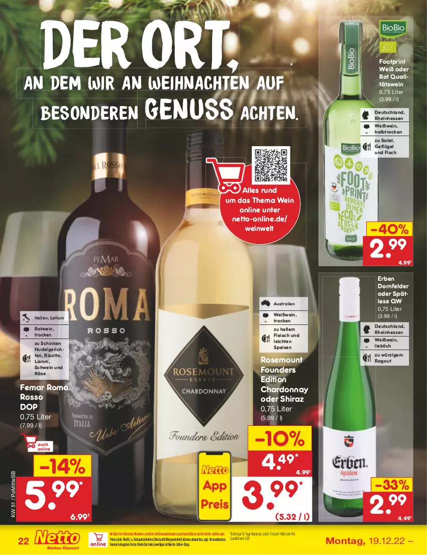 Aktueller Prospekt Netto Marken-Discount - Filial-Angebote - von 19.12 bis 24.12.2022 - strona 22 - produkty: an weihnachten, aust, bestpreis, chardonnay, dornfelder, eis, elle, fisch, fleisch, Geflügel, Käse, lamm, LG, ndk, nudel, Nudelgericht, nuss, qualitätswein, Ragout, reis, risotto, rotwein, salat, schinken, schwein, Ti, weihnachten, wein, Weißwein