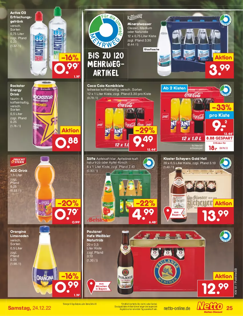 Aktueller Prospekt Netto Marken-Discount - Filial-Angebote - von 19.12 bis 24.12.2022 - strona 25 - produkty: Alwa, angebot, apfel, apfelsaft, bestpreis, bier, cola, direktsaft, drink, eis, elle, energy drink, erfrischungsgetränk, flasche, getränk, gin, glasflasche, Hefe, kirsch, limo, limonade, limonaden, mineralwasser, natur, orangina, Paula, paulaner, reis, rel, Rockstar, rwe, saft, säfte, Ti, wasser, ZTE