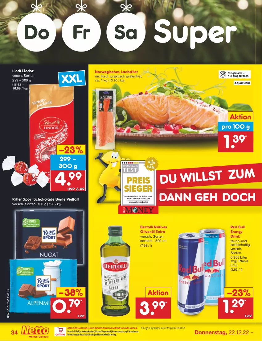 Aktueller Prospekt Netto Marken-Discount - Filial-Angebote - von 19.12 bis 24.12.2022 - strona 34 - produkty: aqua, bertolli, bestpreis, drink, eis, energy drink, filet, lachs, lachsfilet, lindor, lindt, natives olivenöl, ndk, olive, oliven, olivenöl, olivenöl extra, red bull, reis, ritter, ritter sport, rwe, schoko, schokolade, Sport, Ti, tisch