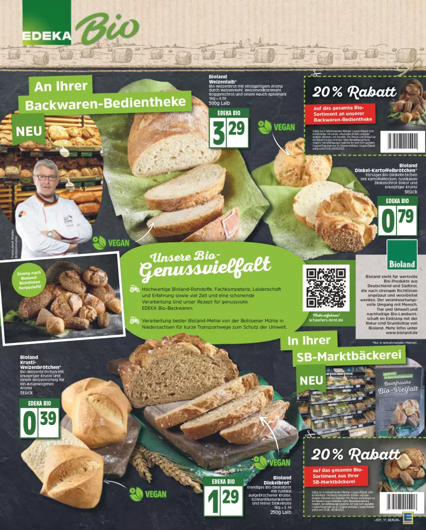 Aktueller Prospekt Edeka - Angebote der Woche - von 25.07 bis 30.07.2022 - strona 11 - produkty: apfel, backwaren, Bau, bio, bioland, blume, blumen, brot, brötchen, coupon, deka, Dinkelbrot, dinkelbrötchen, edeka bio, erde, gin, gutschein, kartoffel, mac, natur, rabatt-coupon, sonnenblume, sonnenblumen, Sonnenblumenkerne, sonnenblumenkernen, Ti, Weizenbrot, weizenbrötchen